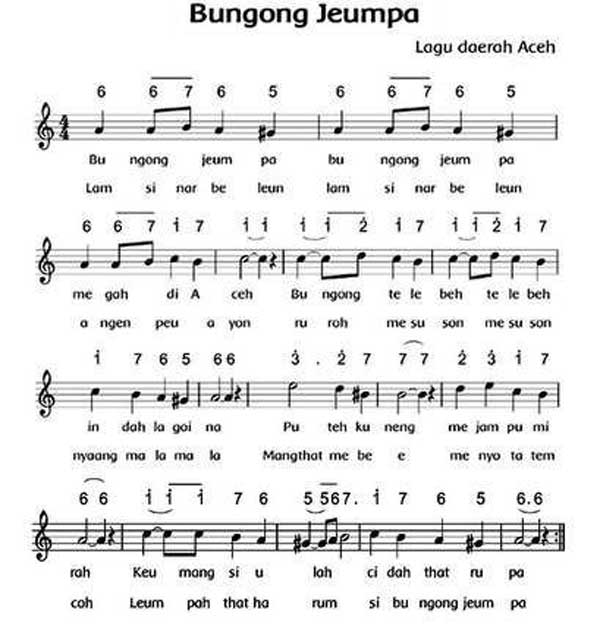 Lagu bungong jeumpa adalah lagu yang berasal dari daerah aceh lagu tersebut menggambarkan tentang ke